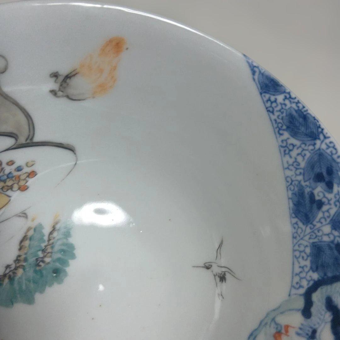 骨董品　庄上製　還了樋口 手描きの青白い陶器の深皿