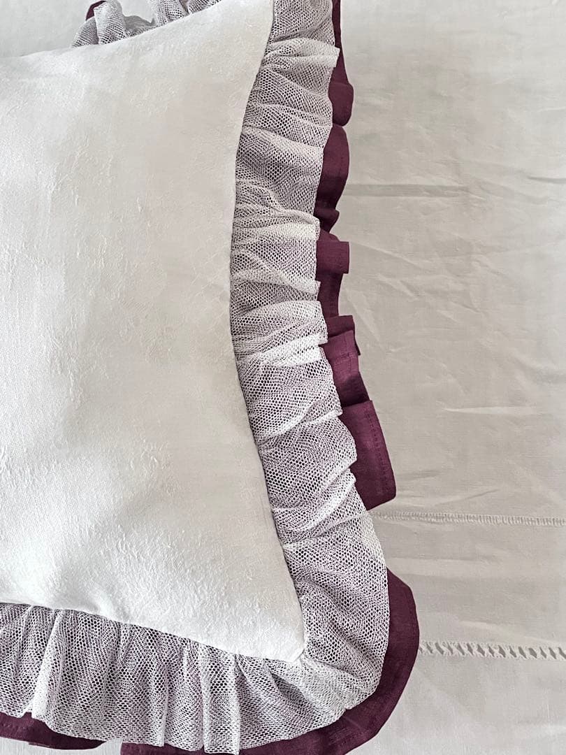 【美品】フランスアンティーク チュールフリル モノグラムクッション