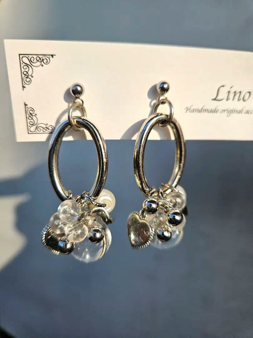 シルバーピアス じゃらじゃらピアス クリア パール ハートチャーム