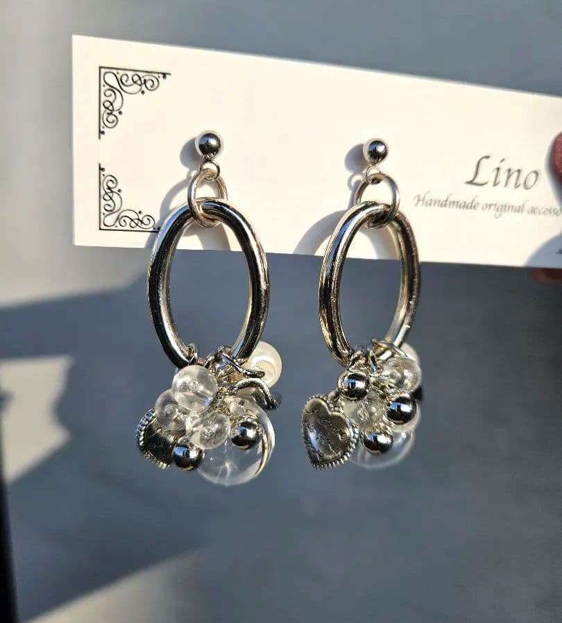 シルバーピアス じゃらじゃらピアス クリア パール ハートチャーム