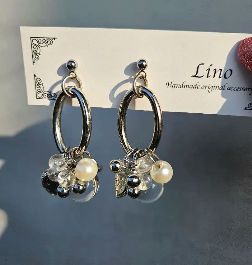 シルバーピアス じゃらじゃらピアス クリア パール ハートチャーム
