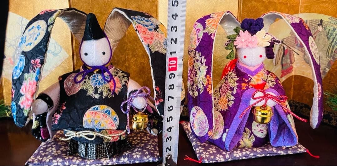 ねこのこになります！おばあちゃんのハンドメイド　着物うさぎ人形ペアセット