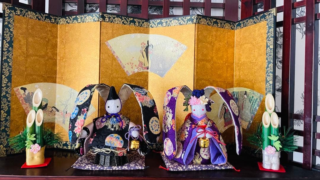 ねこのこになります！おばあちゃんのハンドメイド　着物うさぎ人形ペアセット