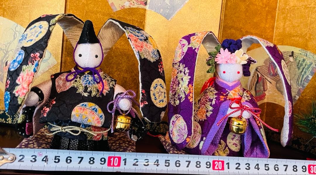 ねこのこになります！おばあちゃんのハンドメイド　着物うさぎ人形ペアセット