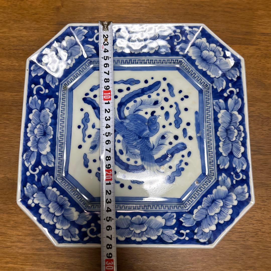 古伊万里 染付 鳳凰牡丹文 八角大皿 28cm 飾り皿 骨董
