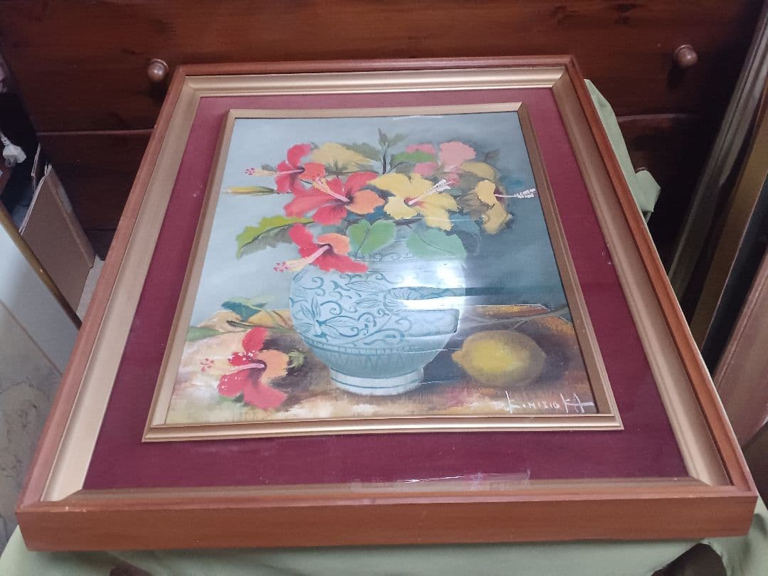 西岡清史　「ハイビスカスとレモン」　油彩　F8号　元東光会　サージマルジス賞