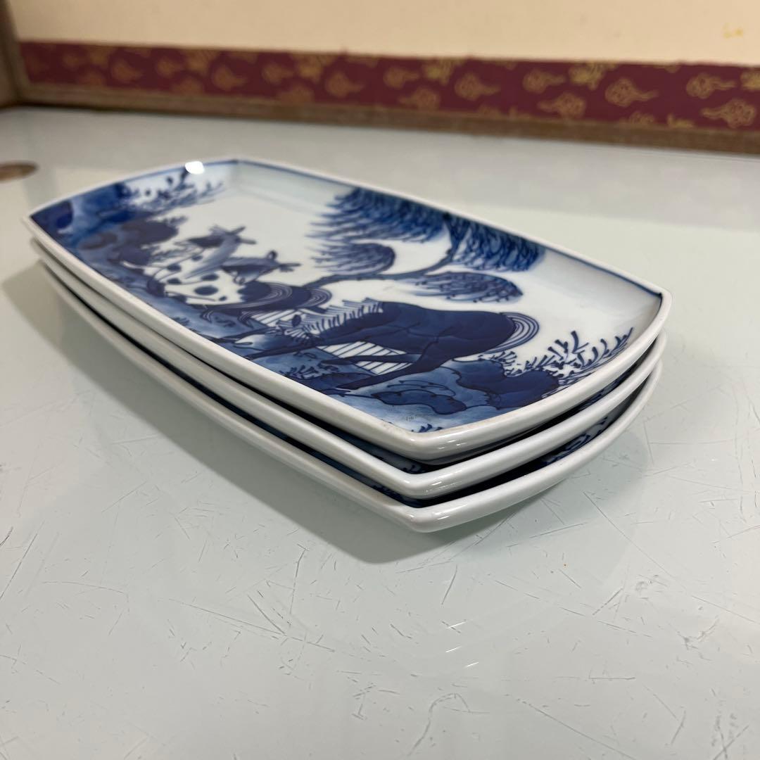 源右衛門　染付田舎馬絵　長方皿3枚（G）