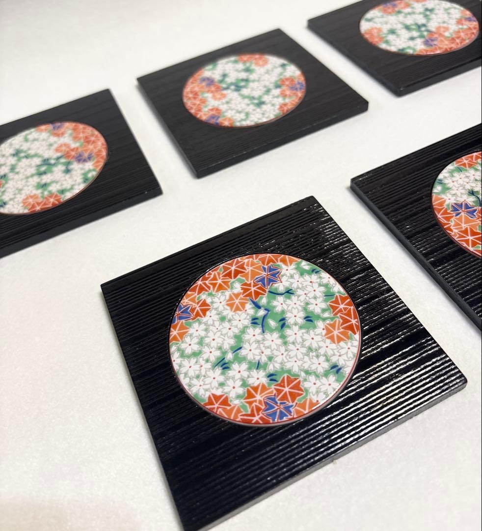 藍窯 錦春秋蒸し碗 茶碗蒸し 蓋物 木製＋陶器台付 桜 紅葉 和食器 5客