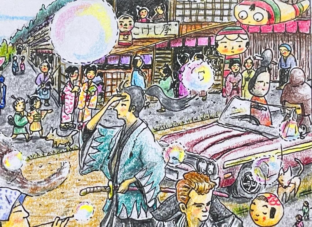 こけしの世界 10×15cm Kokeshi Drawing Original