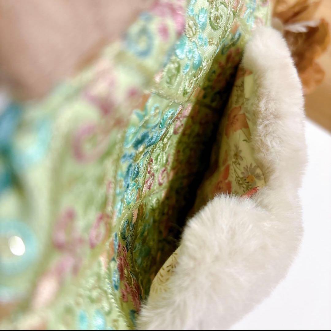 コヤンイサムチョン　ポーチ付き　インド刺繍　ファーバック　リボン