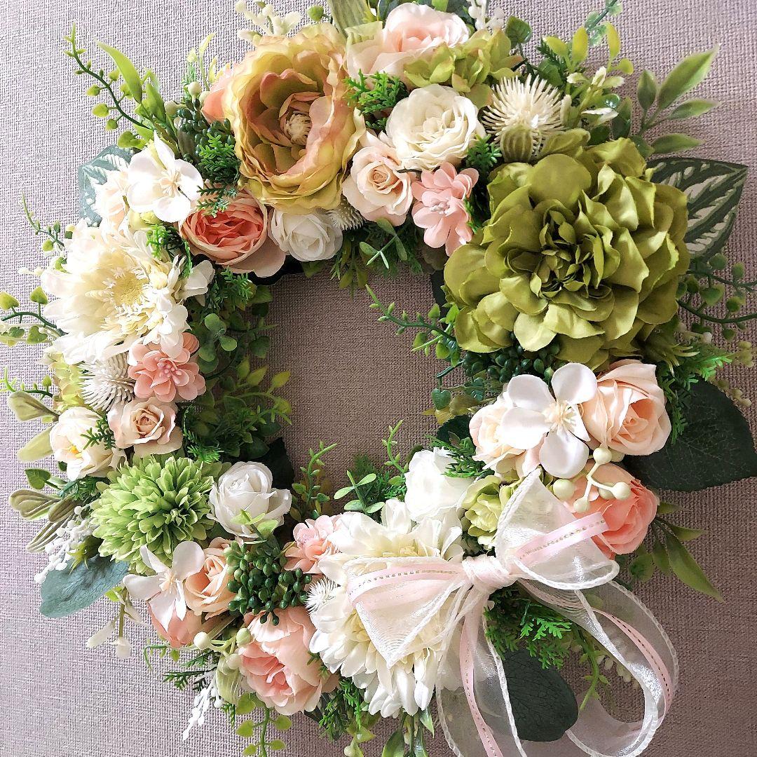 フラワーリース 花見月1 咲き誇る花たち 特大 玄関リース 造花