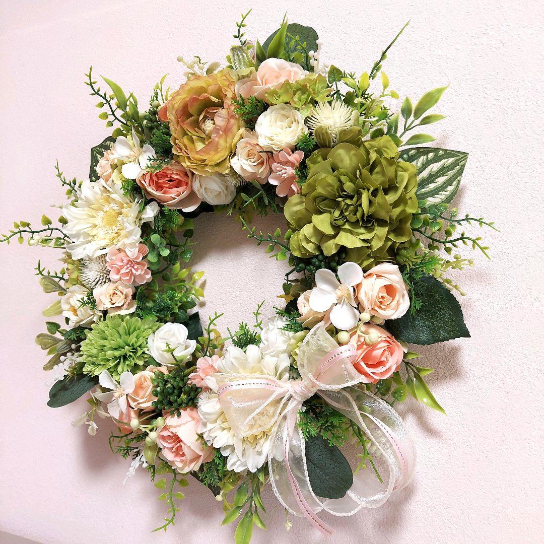 フラワーリース 花見月1 咲き誇る花たち 特大 玄関リース 造花