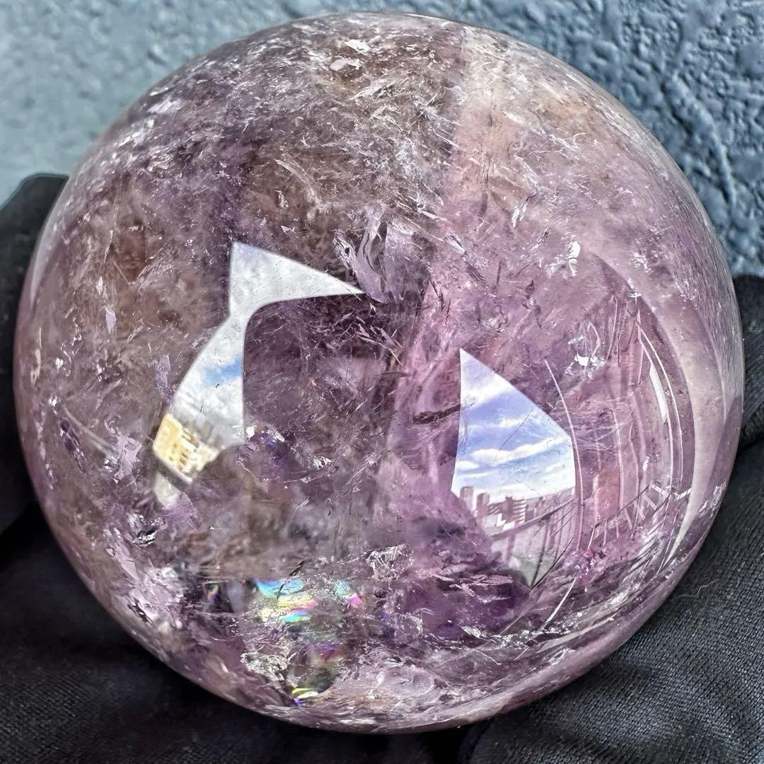 ラベンダー☆レインボー☆アメジスト·ライモナイト共生 丸玉スフィアA1275