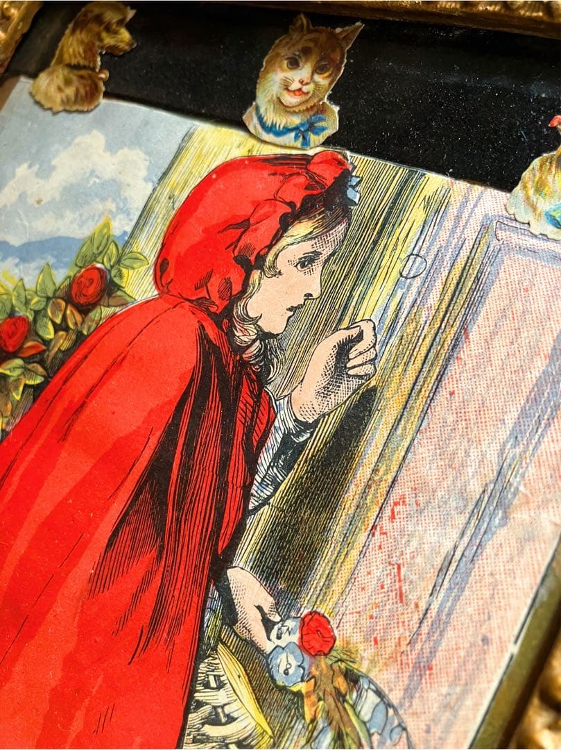 アンティーク　赤ずきんちゃんのイラストに猫のクロモス額　オールオリジナル