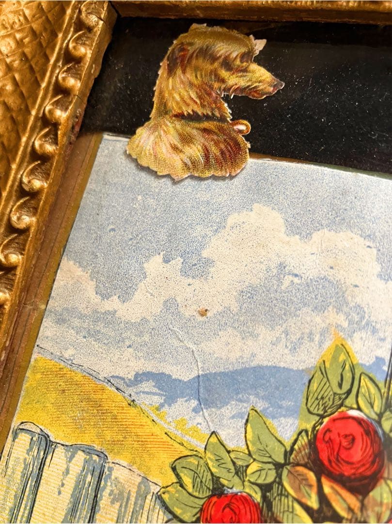 アンティーク　赤ずきんちゃんのイラストに猫のクロモス額　オールオリジナル