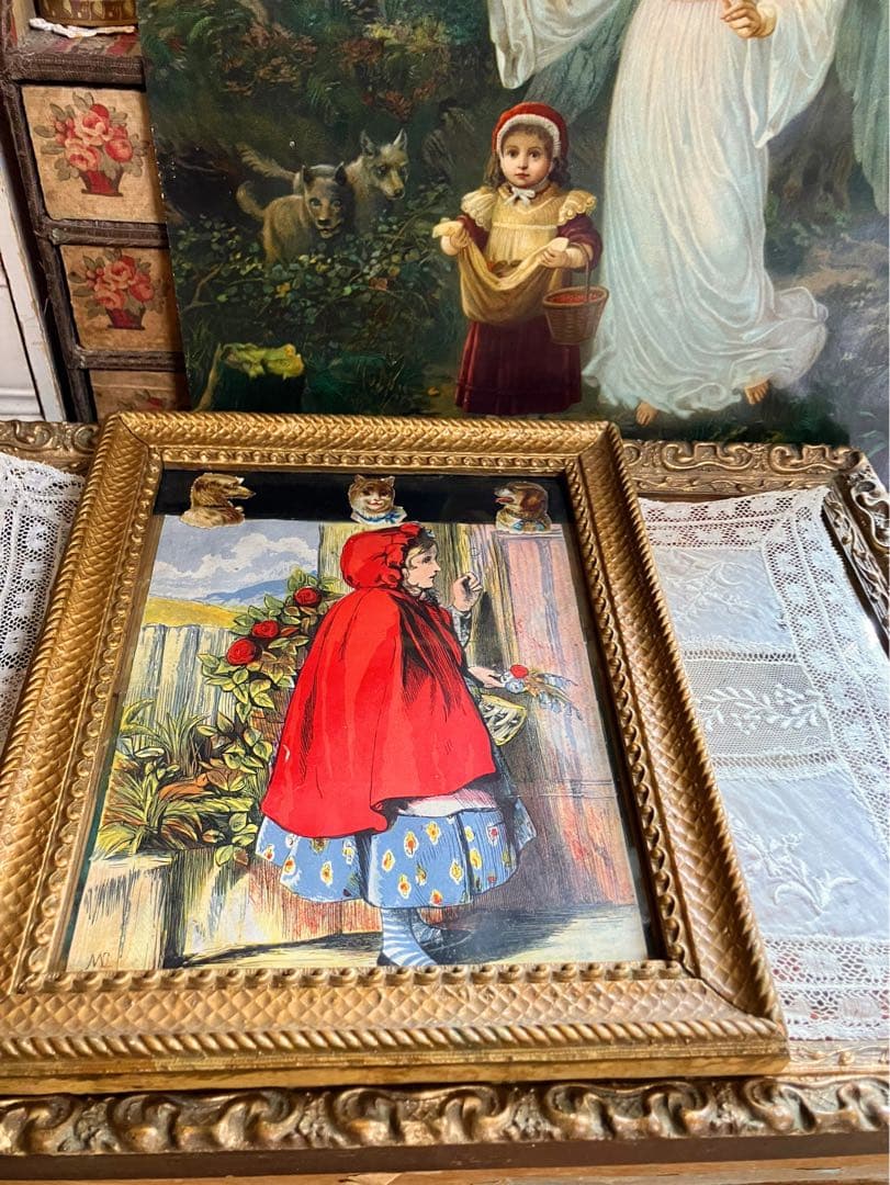 アンティーク　赤ずきんちゃんのイラストに猫のクロモス額　オールオリジナル