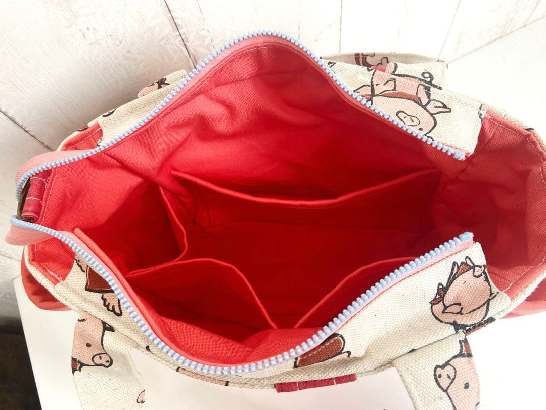 デニムリメイクバッグS 赤サロペット×ぶたさん