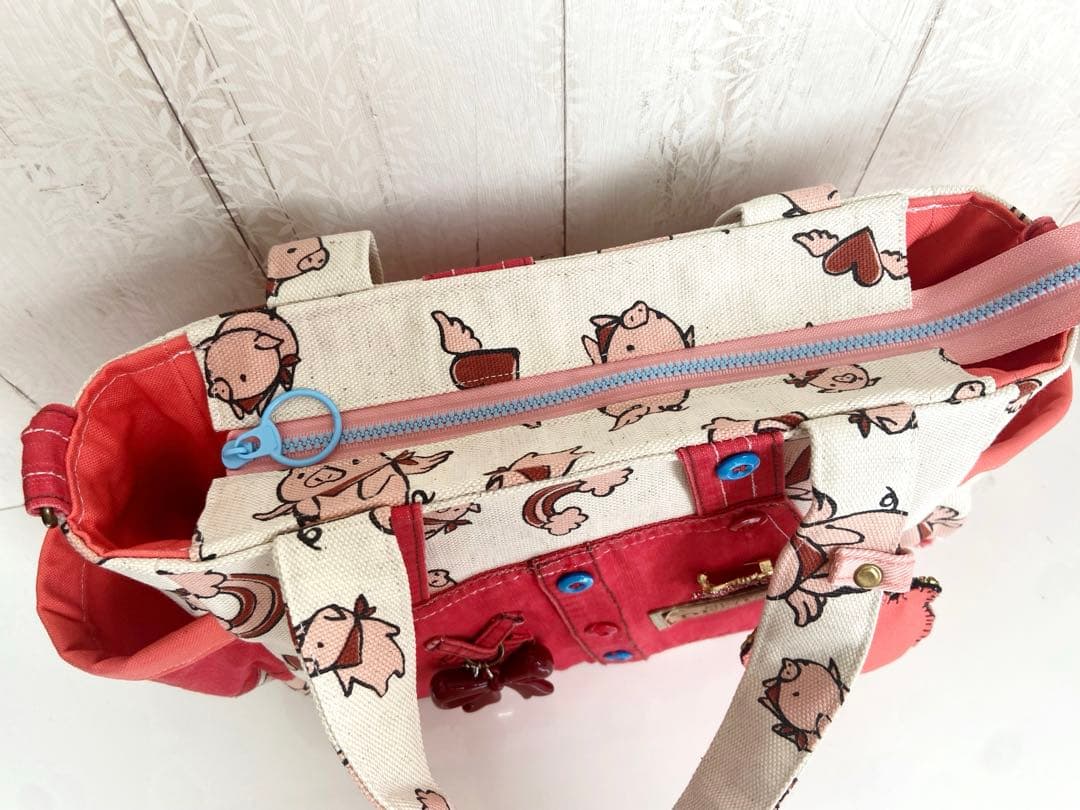 デニムリメイクバッグS 赤サロペット×ぶたさん