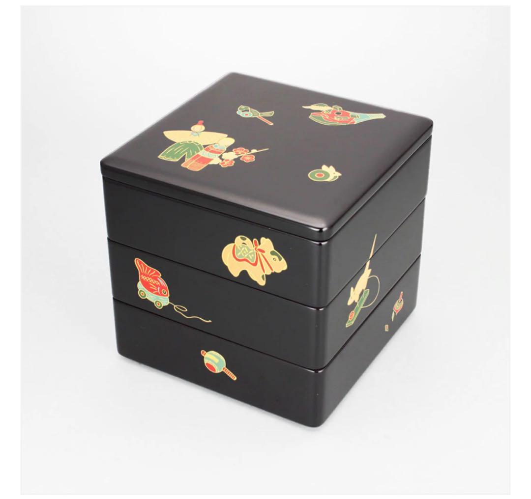 【未使用】象彦　本漆　黒漆塗り　6.5寸　19.5cm角　三段重　重箱