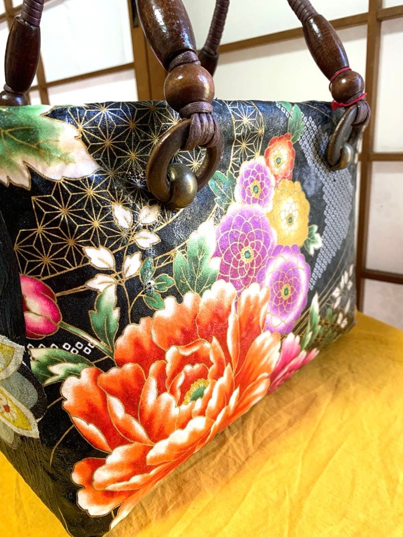 一閑張り和風花柄かごバッグ　牡丹