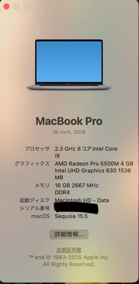 MacBookPro16インチ 2019 16GB/1TB/Corei9