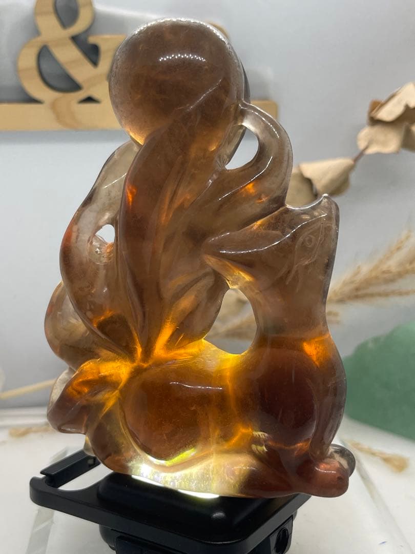 くまごろう様8【1928】九尾 彫り置物 ブラックフローライト