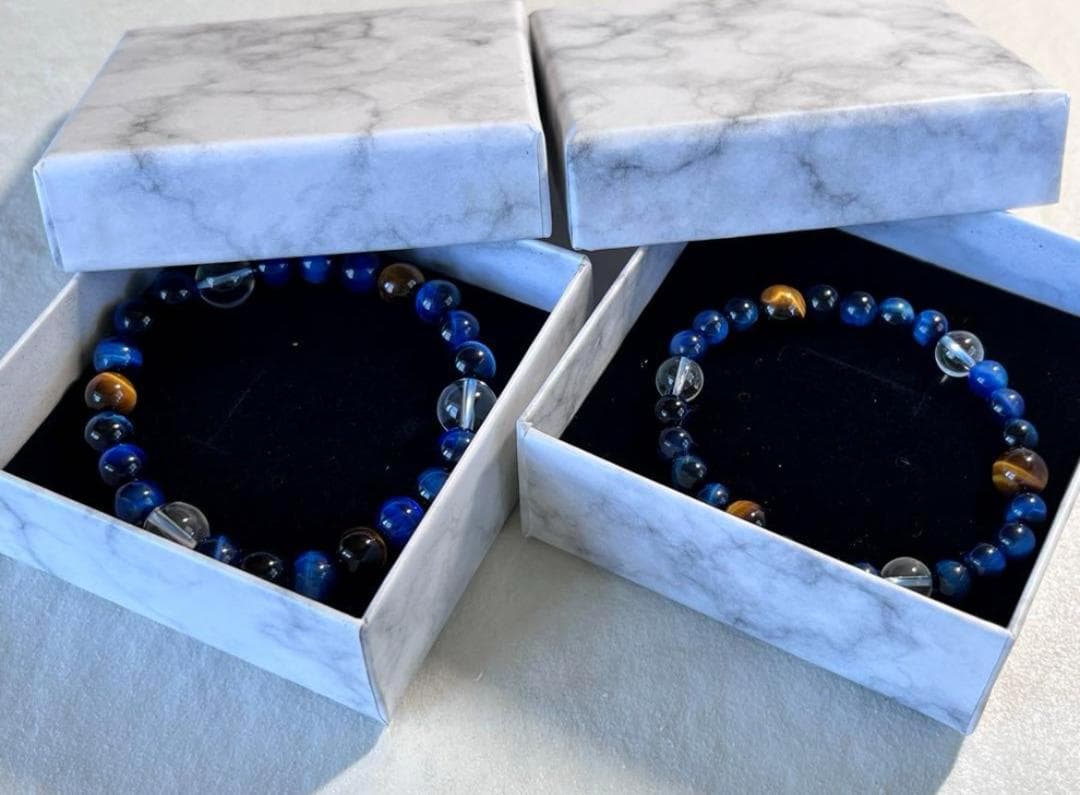 ★ペア天然石ブレスレット★金運ブルータイガーアイ水晶★イエローパワー