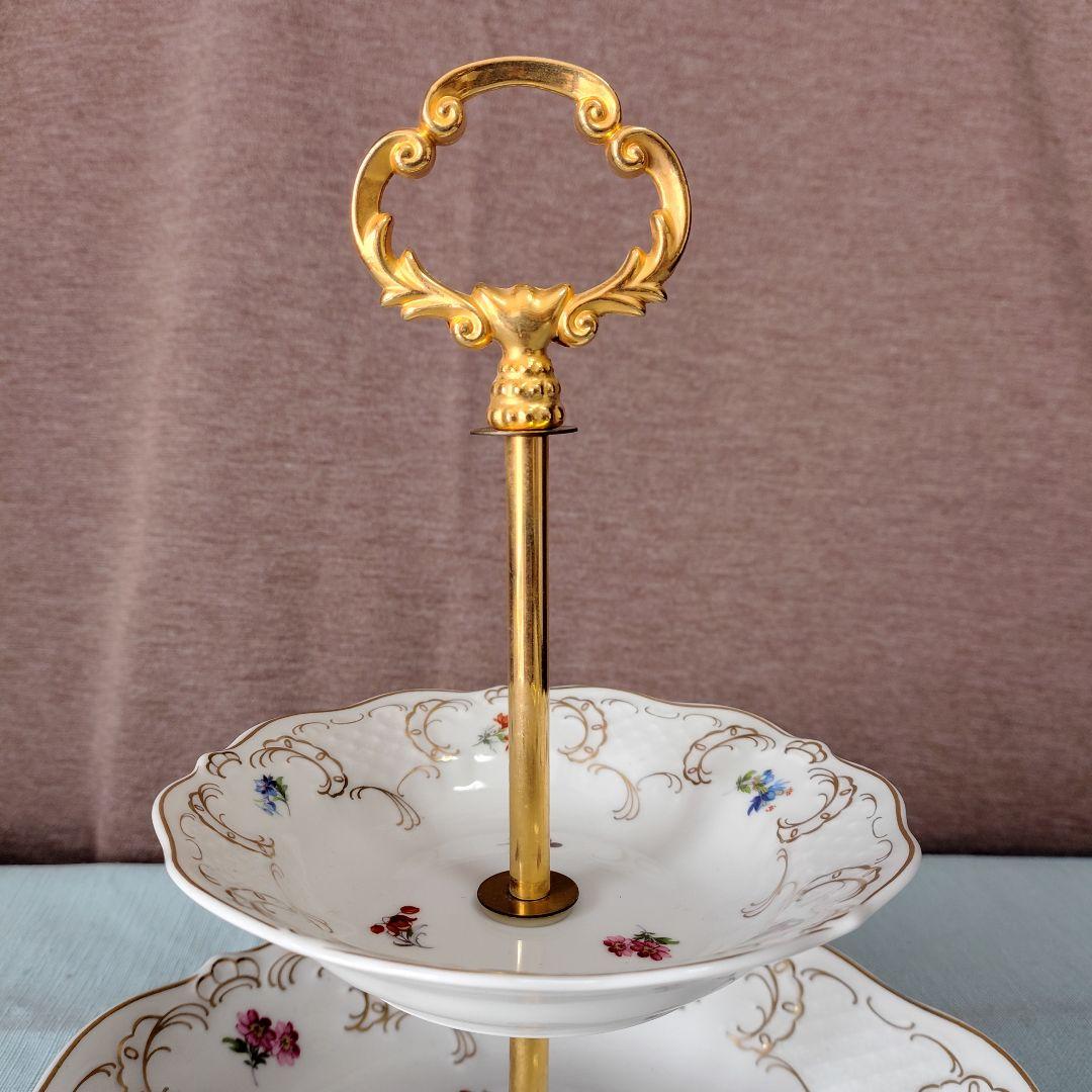ドイツ/リンドナー製ロココ調 二段式ケーキスタンド 陶器製 花柄 ゴールド