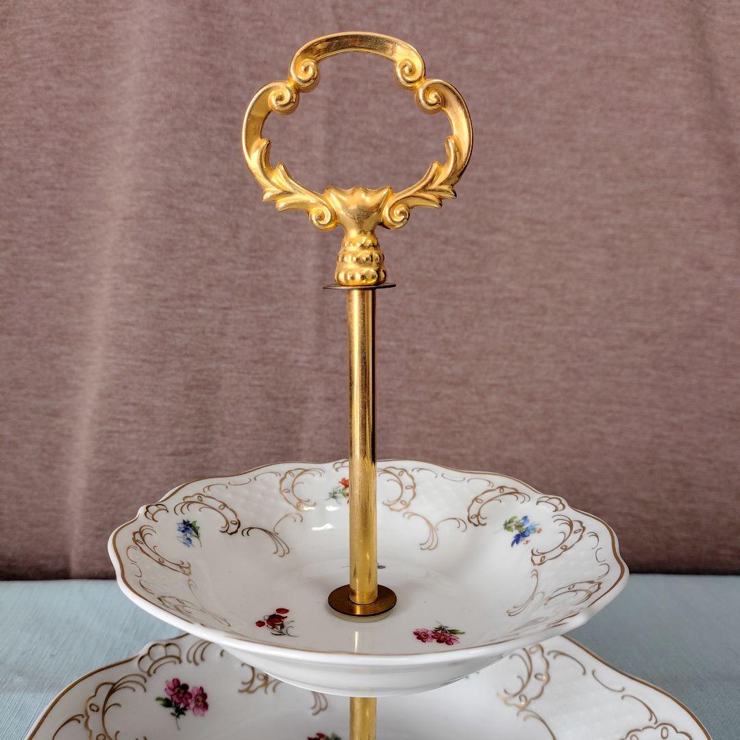 ドイツ/リンドナー製ロココ調 二段式ケーキスタンド 陶器製 花柄 ゴールド