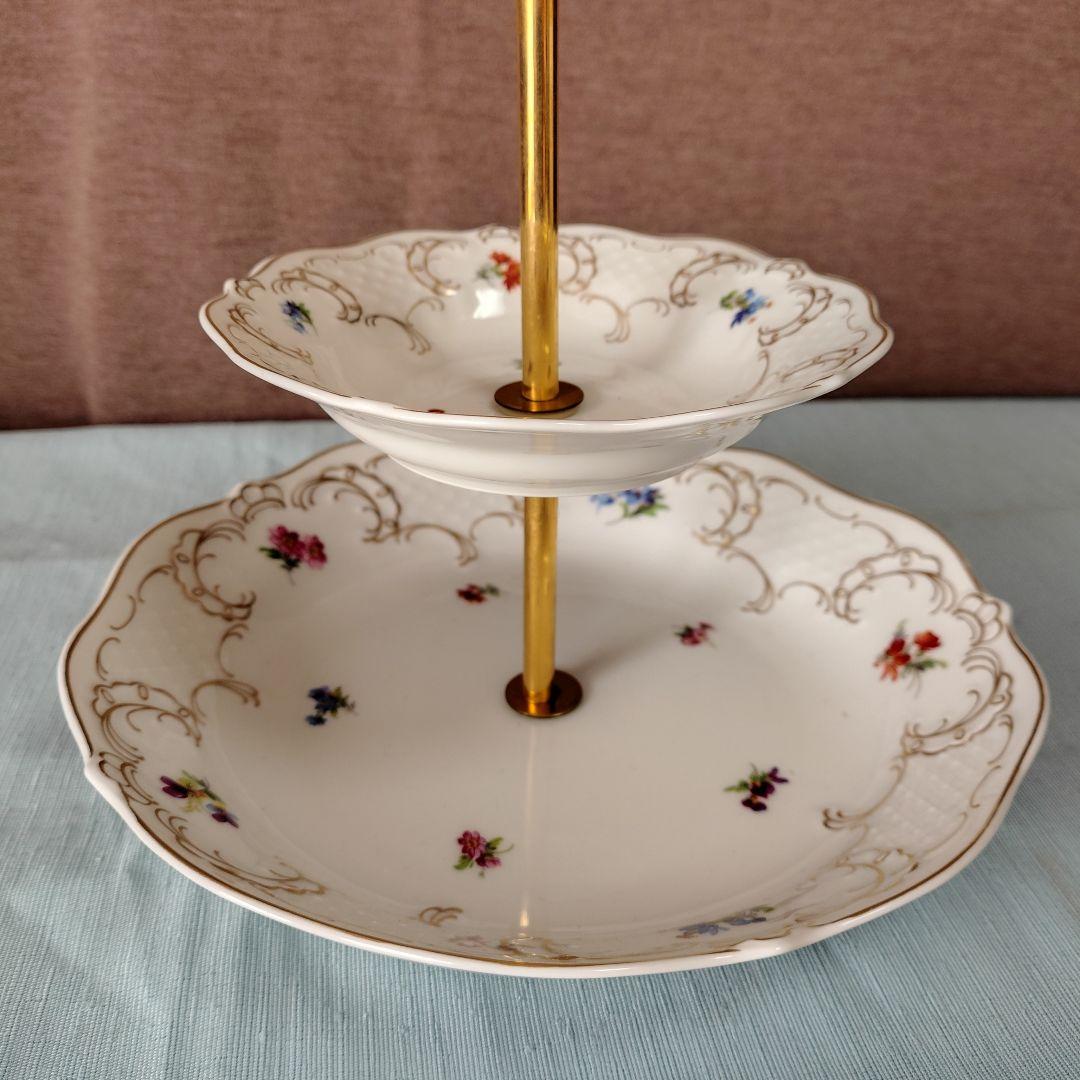 ドイツ/リンドナー製ロココ調 二段式ケーキスタンド 陶器製 花柄 ゴールド