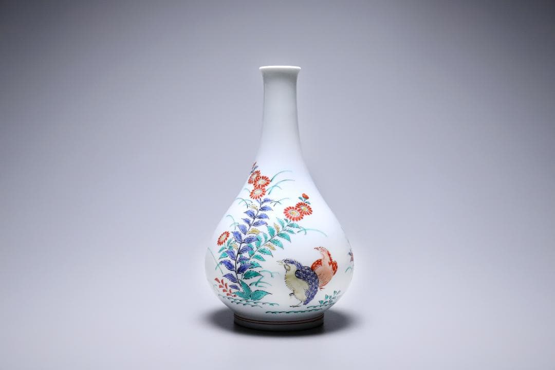 十四代酒井田柿右衛門　錦秋草鶉文花瓶　共箱　美品　柿右衛門　有田焼【正一古美術】