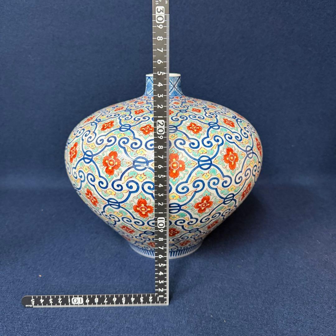 有田焼 染錦更紗文 花瓶 池田視行作 共箱 大型 花器 華道具