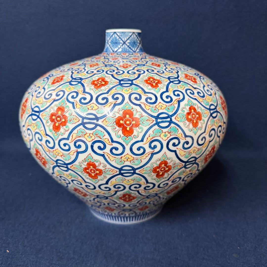 有田焼 染錦更紗文 花瓶 池田視行作 共箱 大型 花器 華道具