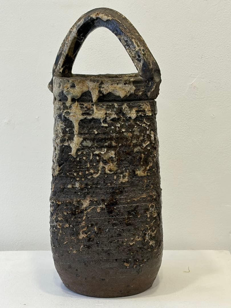 備前焼　焼きじめ　花器　花生け　茶道具　銘有　釉薬だれ　高31cm