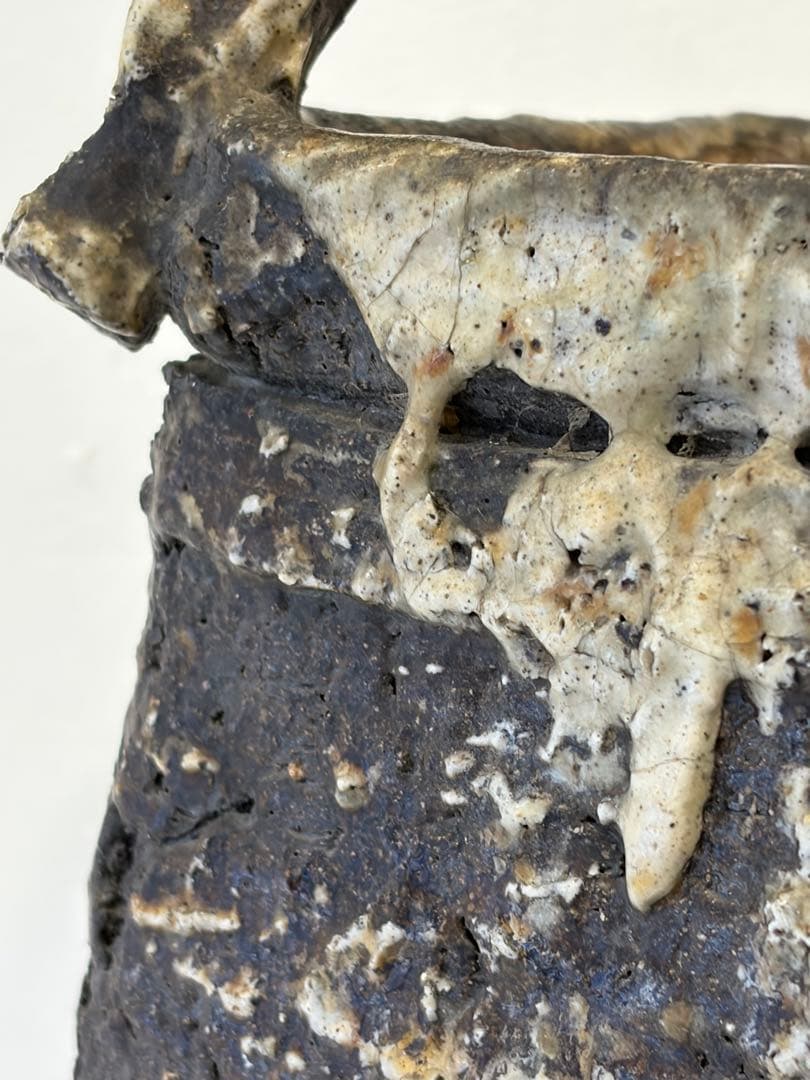 備前焼　焼きじめ　花器　花生け　茶道具　銘有　釉薬だれ　高31cm