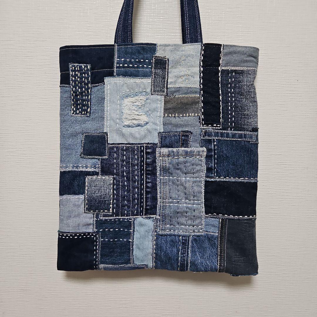 デニムリメイク パッチワーク ヴィンテージ風バッグ　刺し子