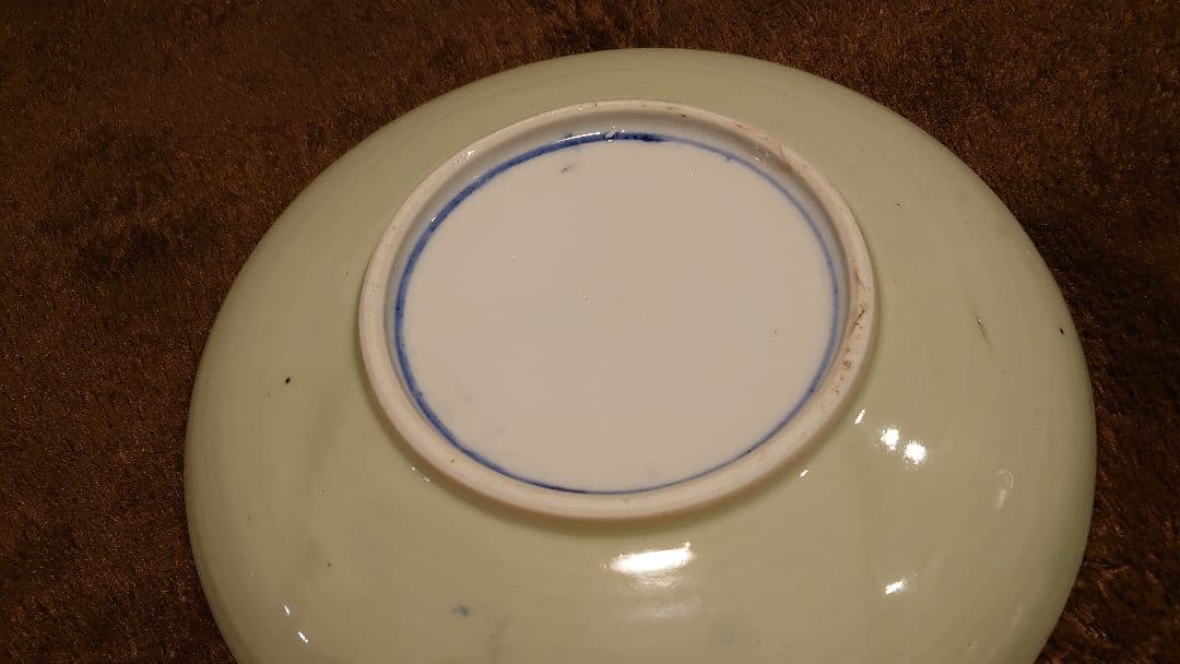 李朝　青磁　染付　龍の図　大皿　１客