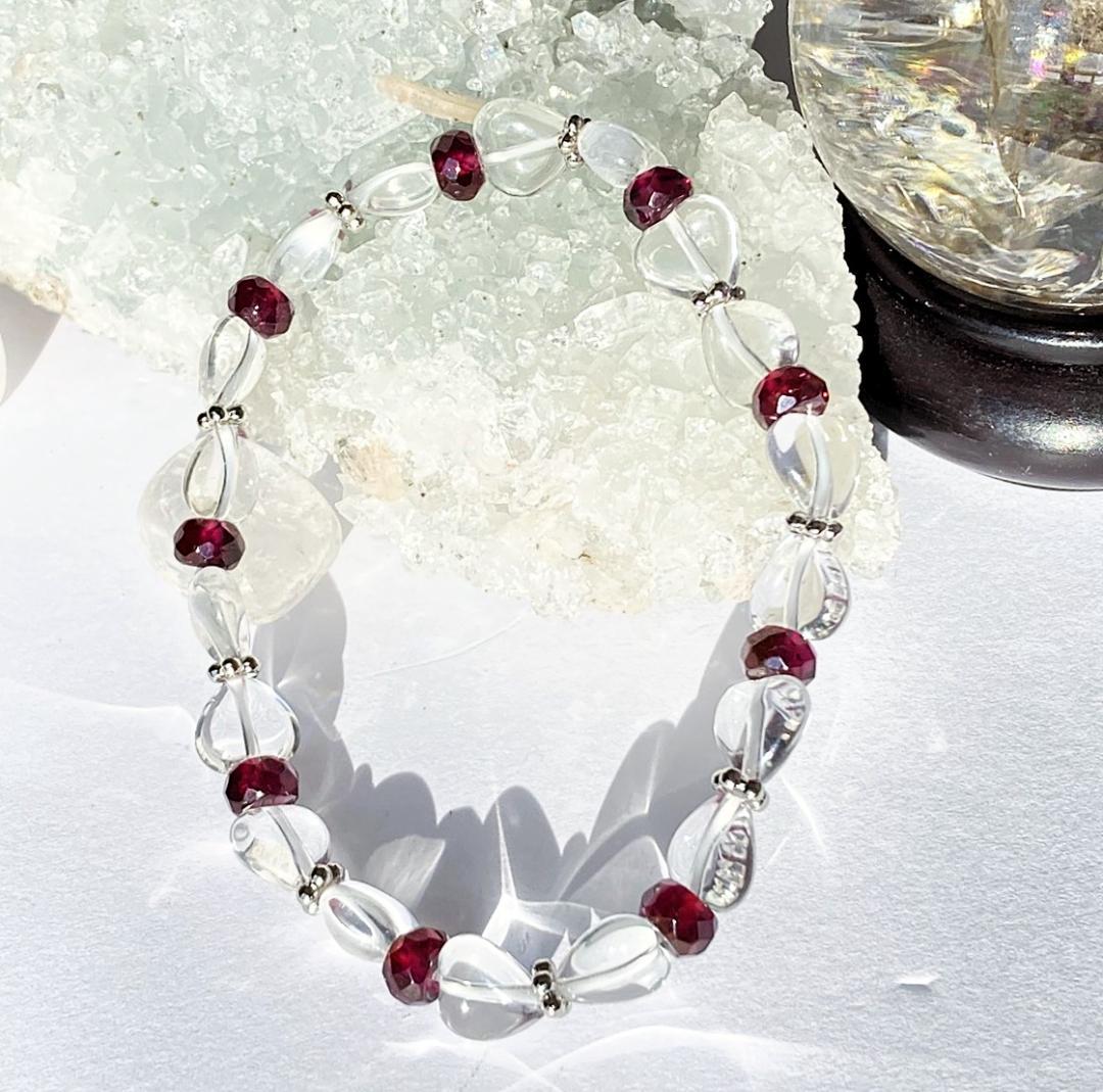 【リボンがラブリー】水晶 ガーネット 天然石ブレスレット