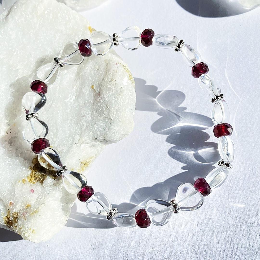 【リボンがラブリー】水晶 ガーネット 天然石ブレスレット