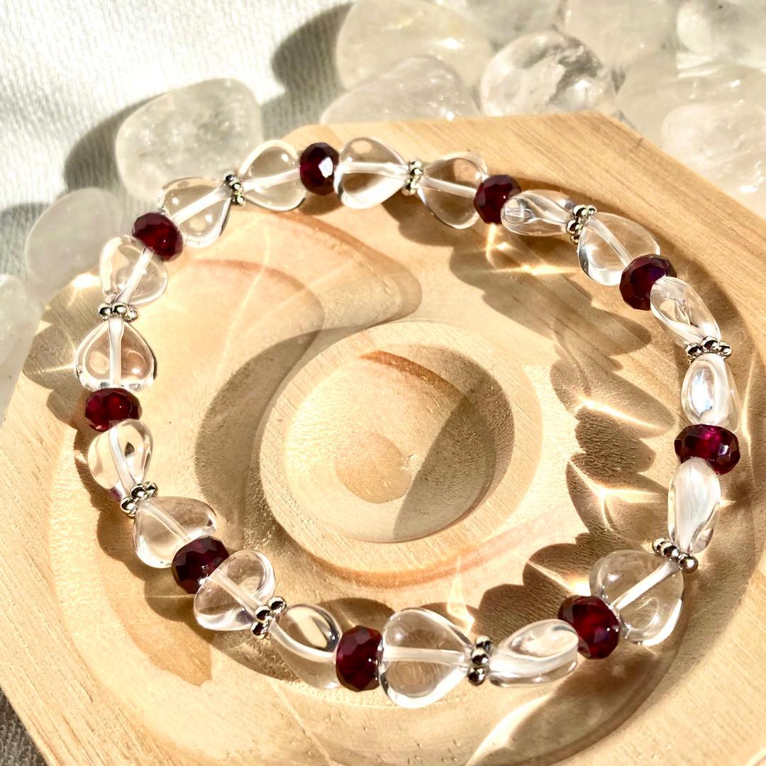 【リボンがラブリー】水晶 ガーネット 天然石ブレスレット