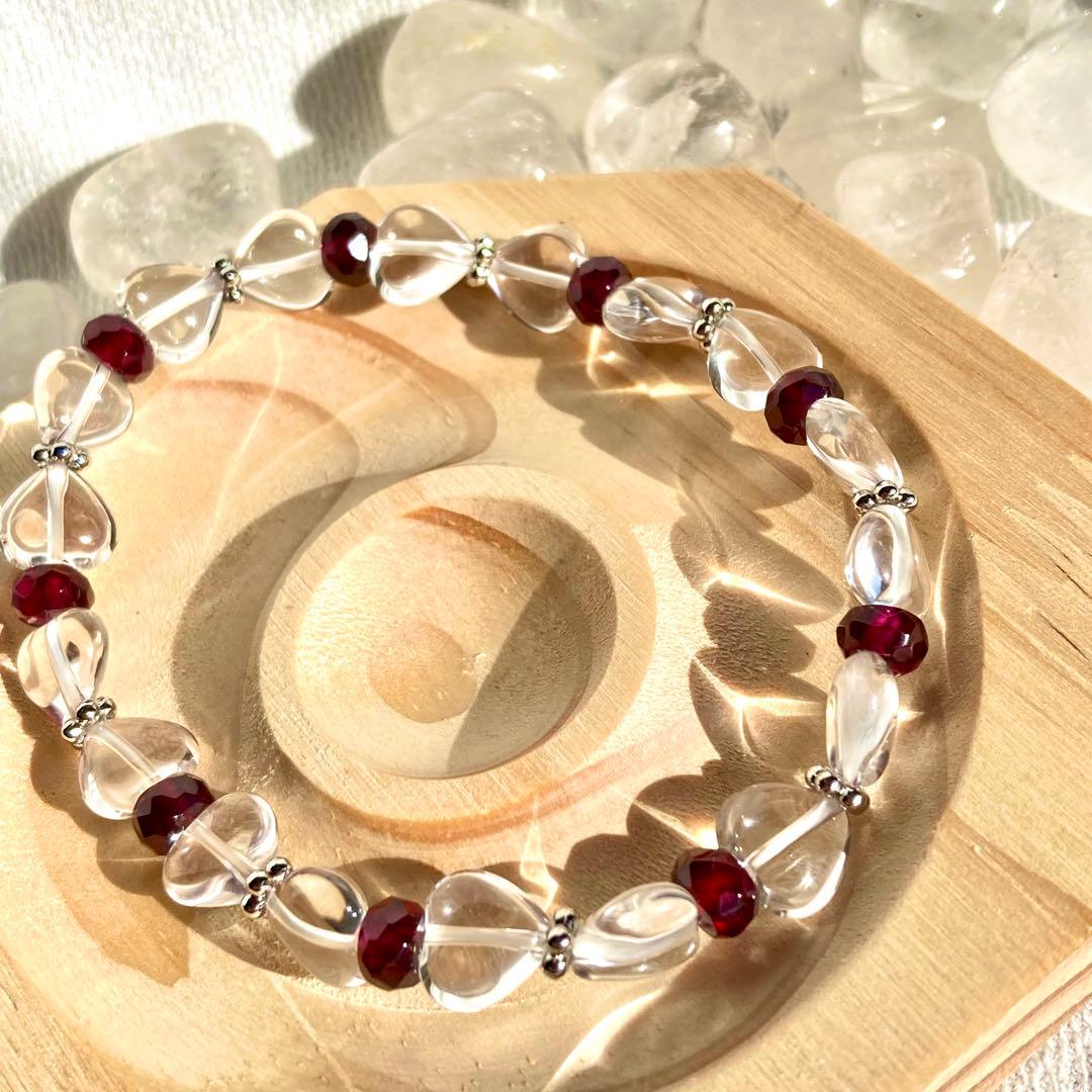 【リボンがラブリー】水晶 ガーネット 天然石ブレスレット