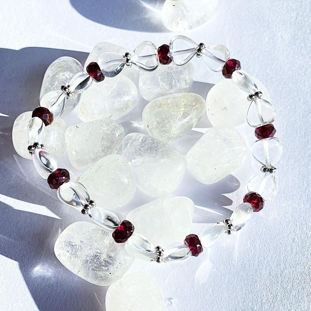 【リボンがラブリー】水晶 ガーネット 天然石ブレスレット