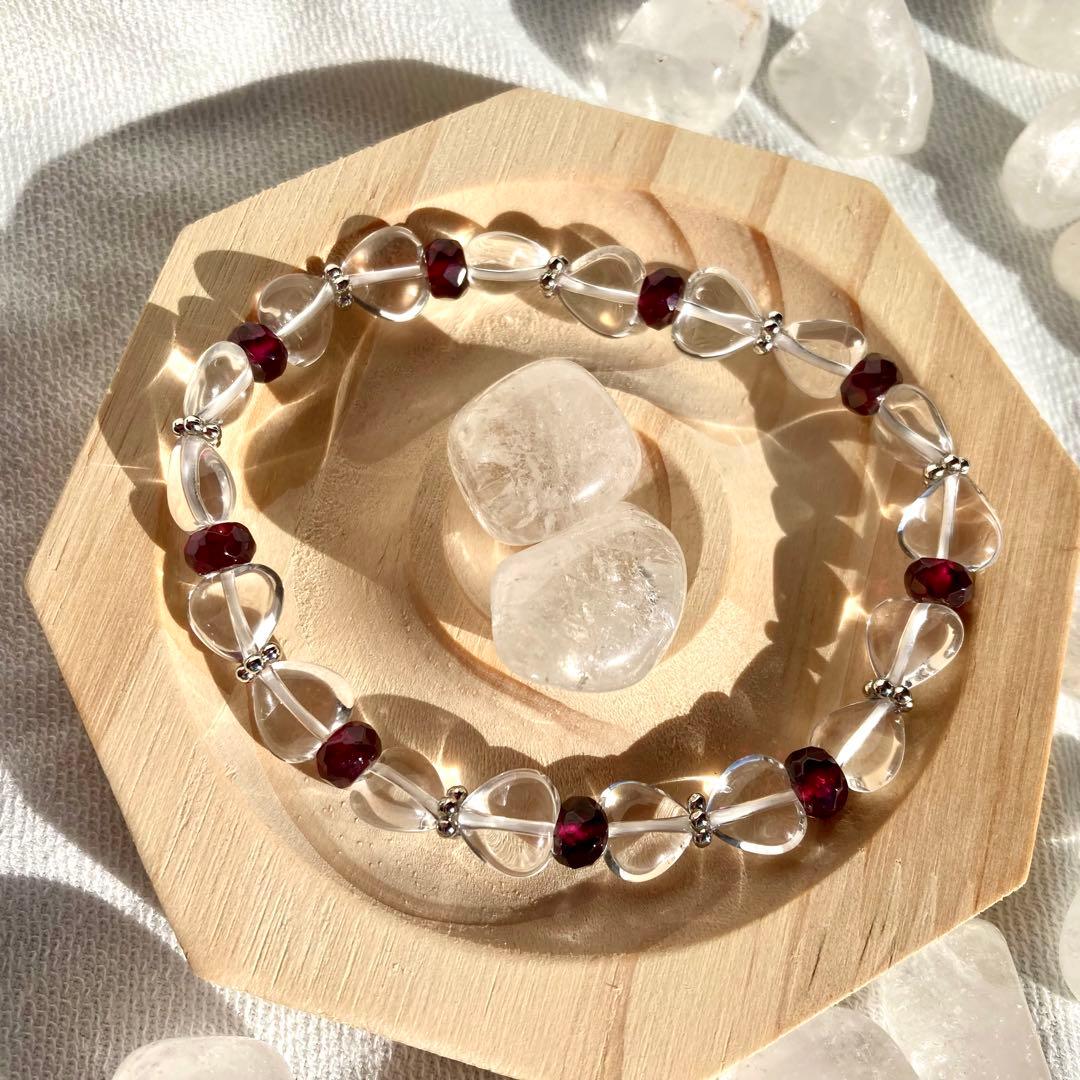 【リボンがラブリー】水晶 ガーネット 天然石ブレスレット