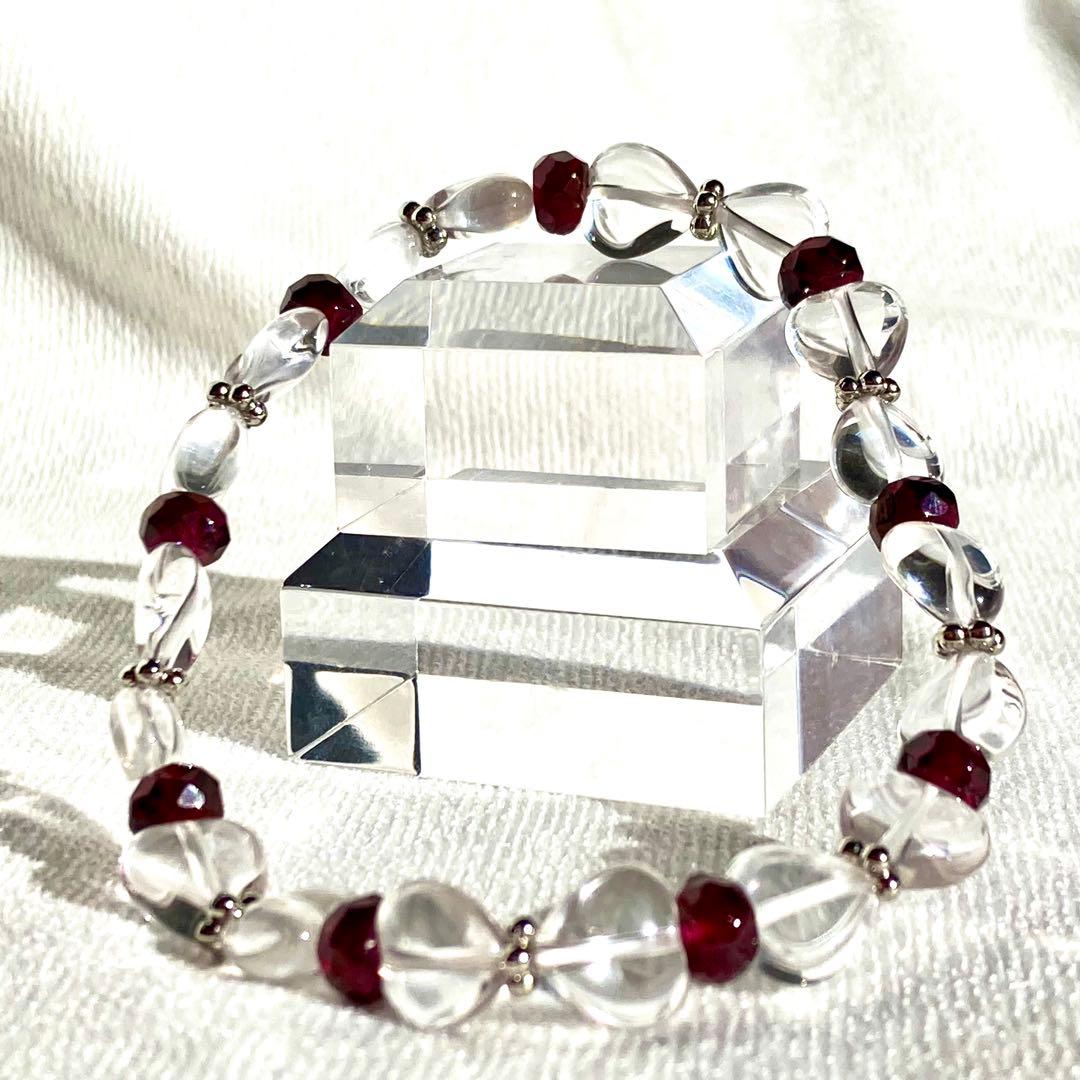 【リボンがラブリー】水晶 ガーネット 天然石ブレスレット