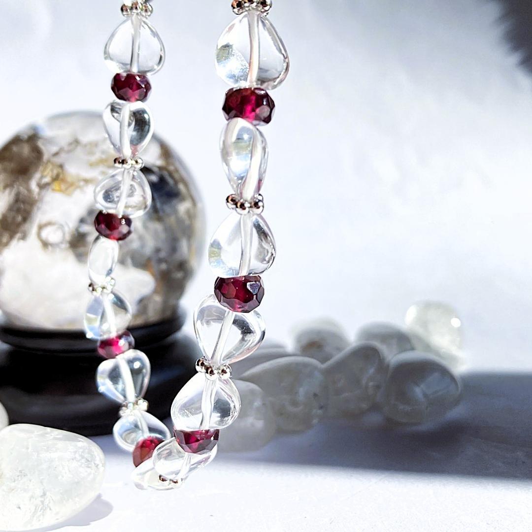 【リボンがラブリー】水晶 ガーネット 天然石ブレスレット