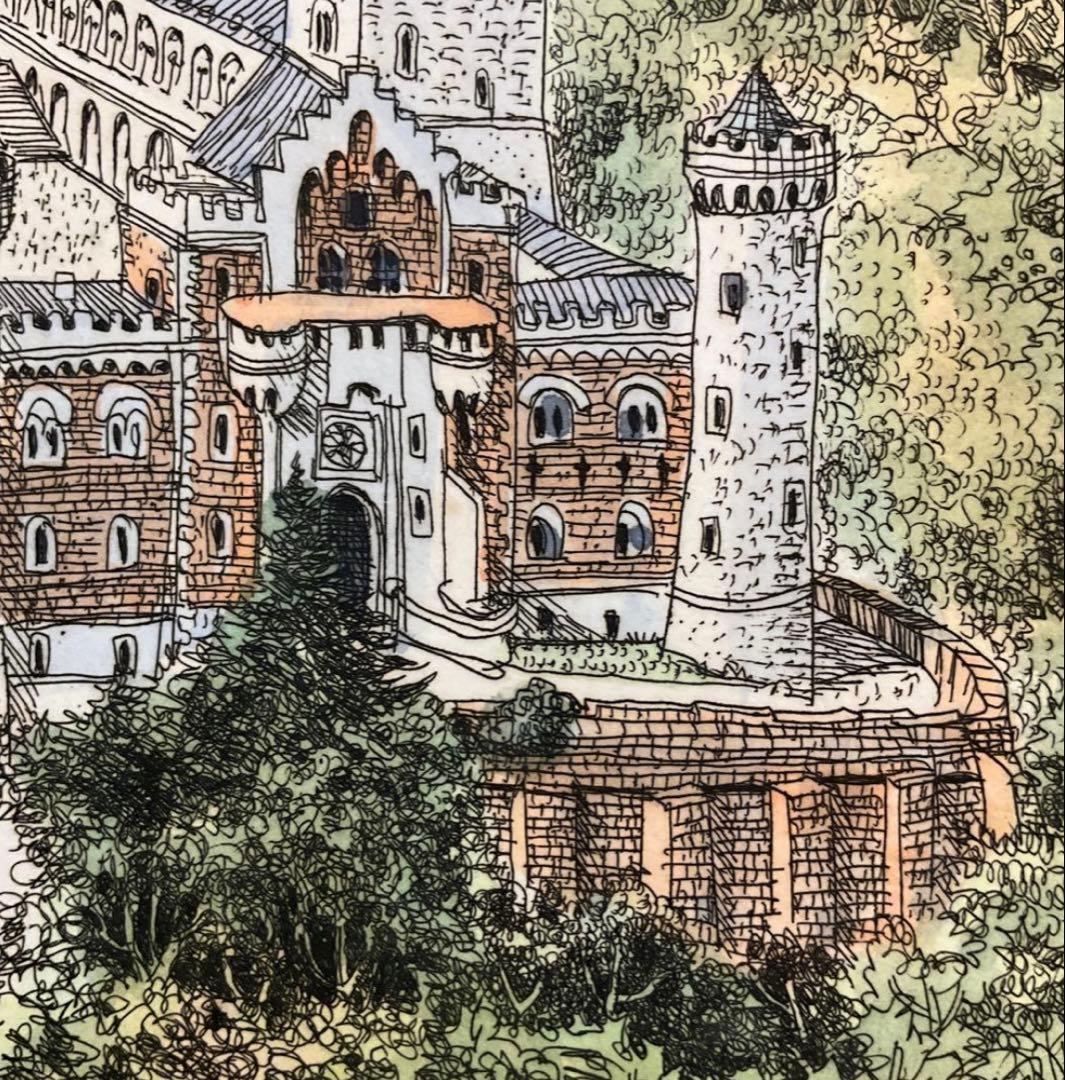 絵画・額縁・版画・織田義郎・銅版+手彩色・ノイシュバンシュタインⅩⅩ・美術品