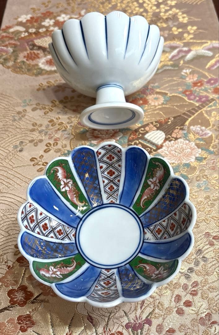 特選✨古伊万里＊金彩お膳✨幸楽窯・高台皿21.2㎝　菊割高台鉢【お2人様12品】