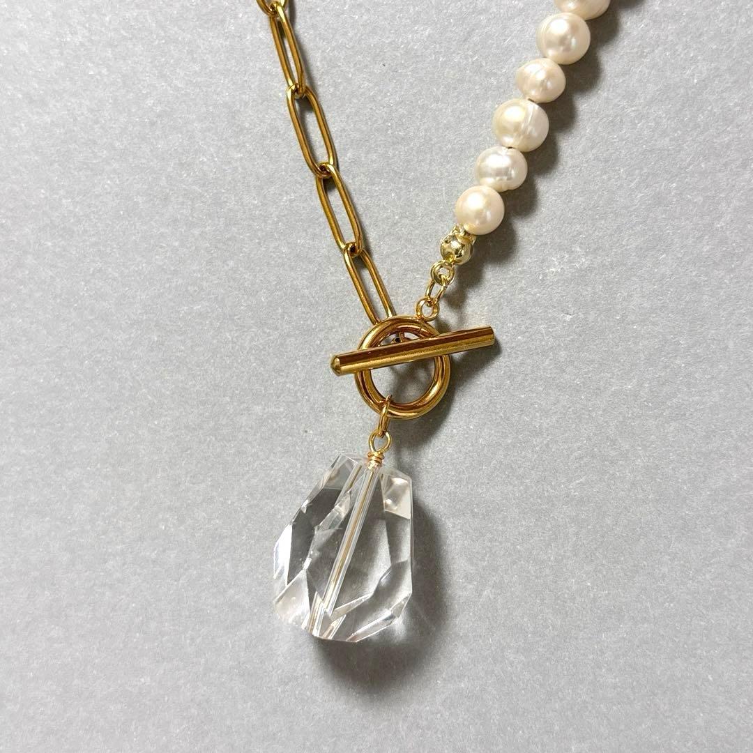 大粒 水晶 バロックパール×サージカルステンレス マンテル チェーンネックレス
