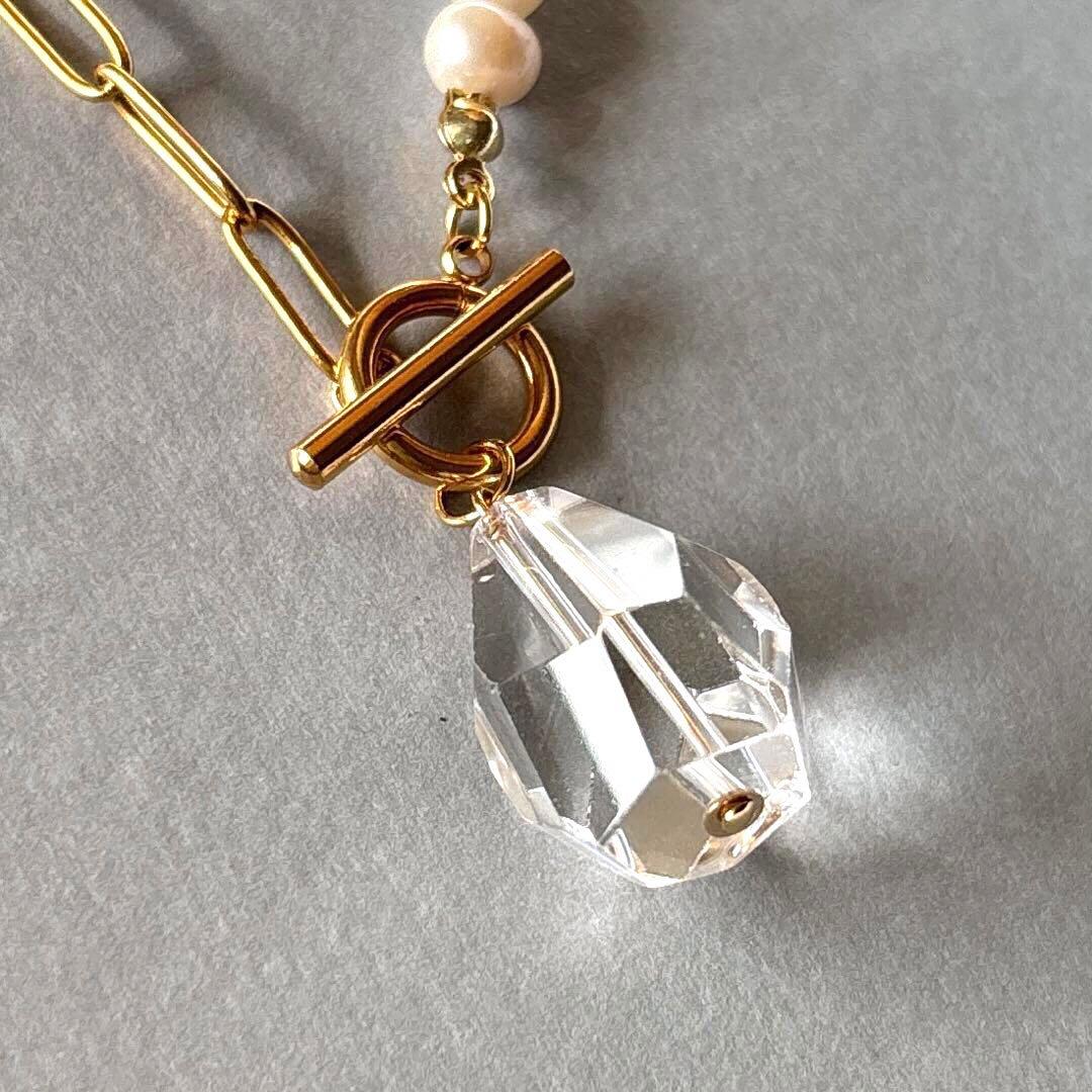 大粒 水晶 バロックパール×サージカルステンレス マンテル チェーンネックレス