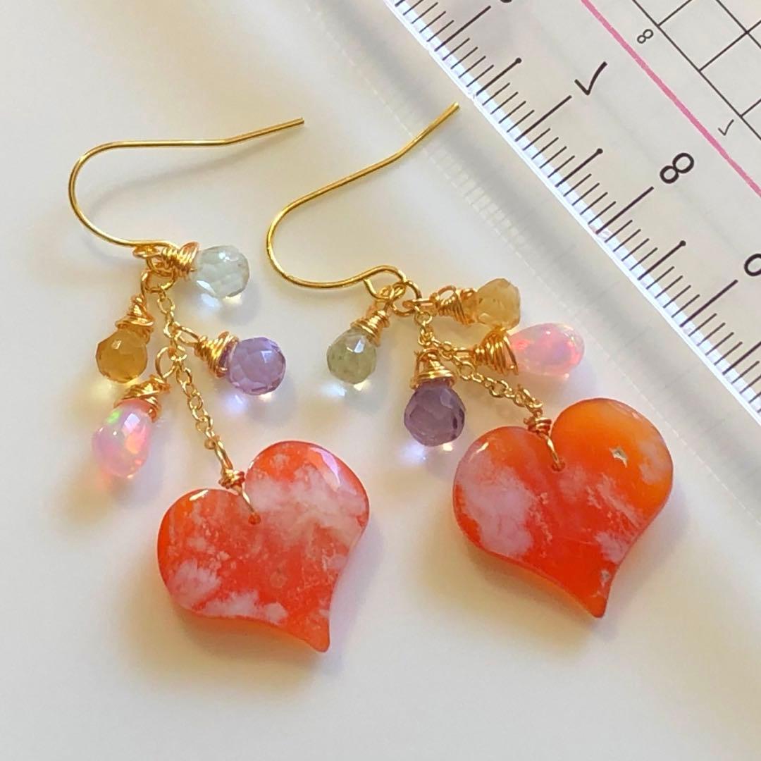 天然石♡ウォータープルーム×カーネリアンハートカービングのピアス14kgf